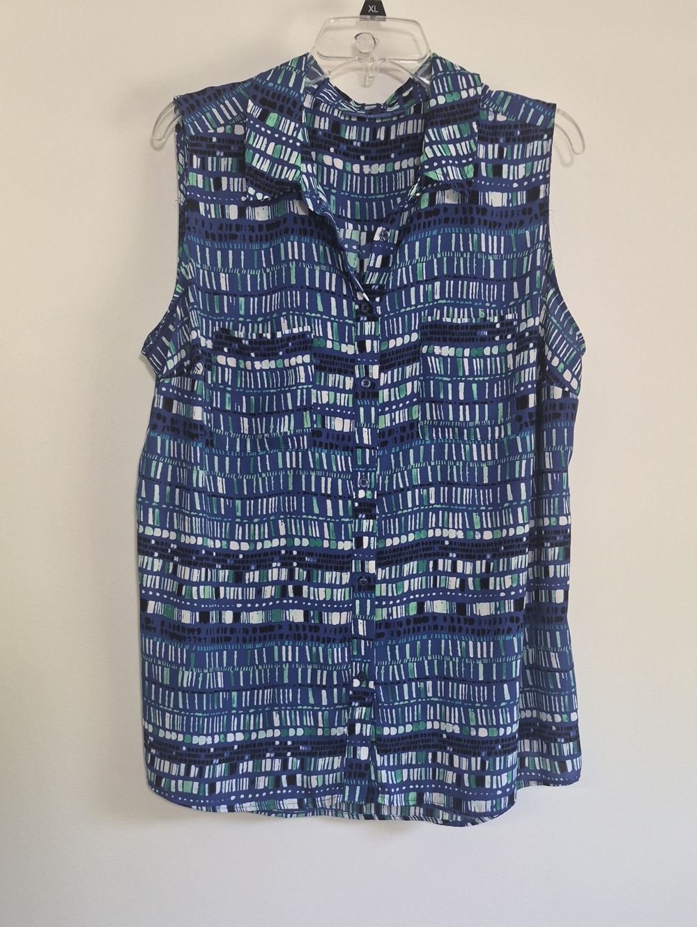 Apt. 9 Womens Sleeveless Blue, White & Green Pattern Button-Front  Top SZ 1X